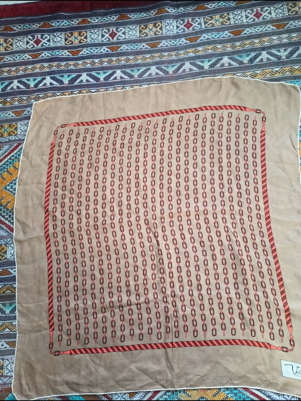 Beige and Red Chain-Print Women's Scarf